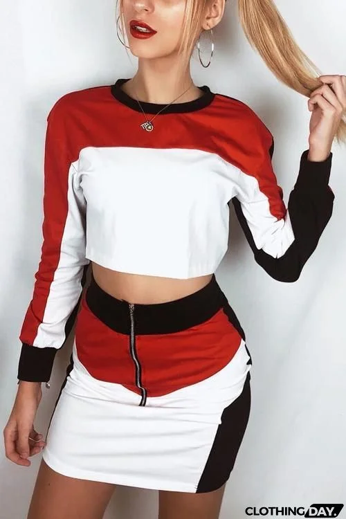 Color Block Long Sleeve Zipper Skirts Set