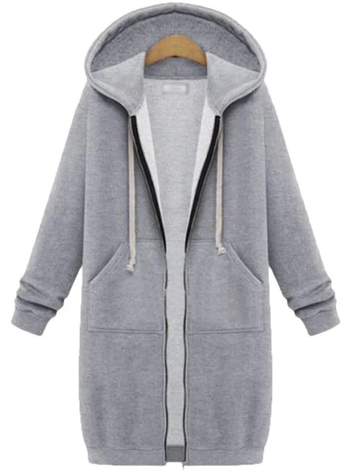 Women's Hooded Long-sleeved Medium-length Zipper Padded Sweater Solid Color Coat Plus Size S-5XL