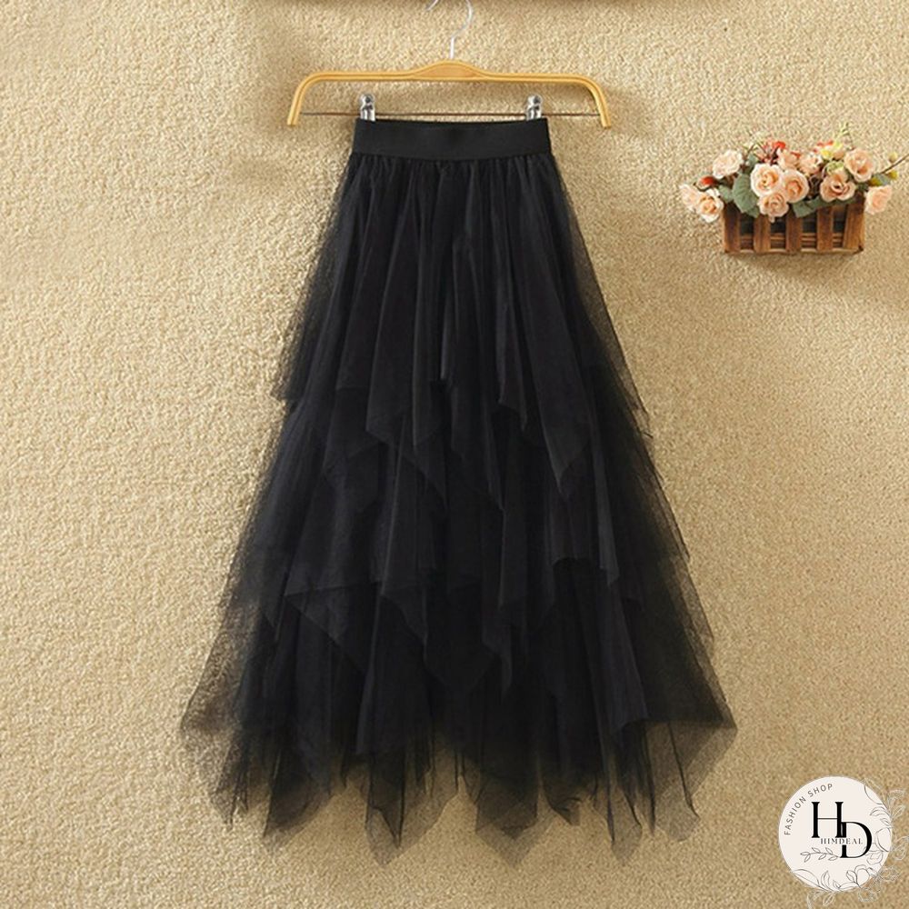 Black Irregular Mesh Gauze Women's Spring And Summer High Waist Wild Was Thin A Word Puff Skirt Skirt Long Skirt