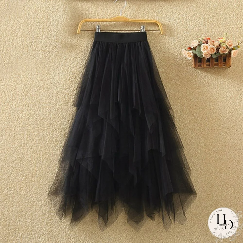 Black Irregular Mesh Gauze Women's Spring And Summer High Waist Wild Was Thin A Word Puff Skirt Skirt Long Skirt
