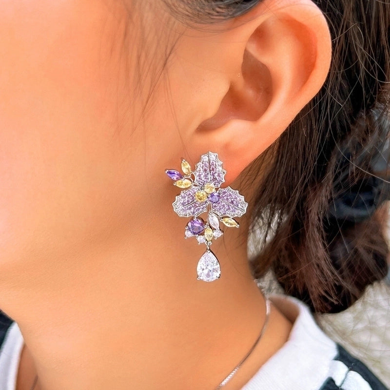 1 Pair Elegant Vacation Flower Inlay Copper Zircon Drop Earrings