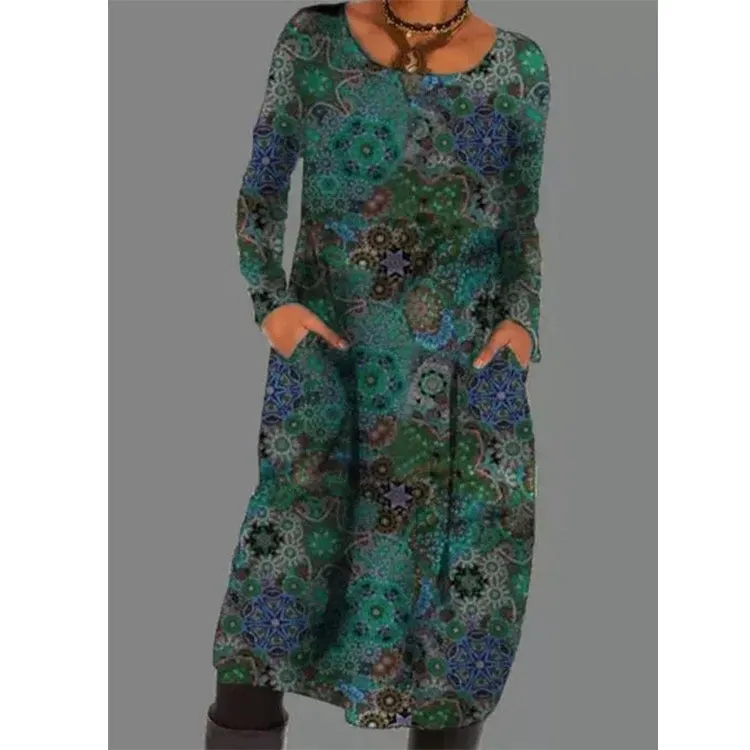 Brownm Polyester Fiber Women's Print Dress Long Pullover