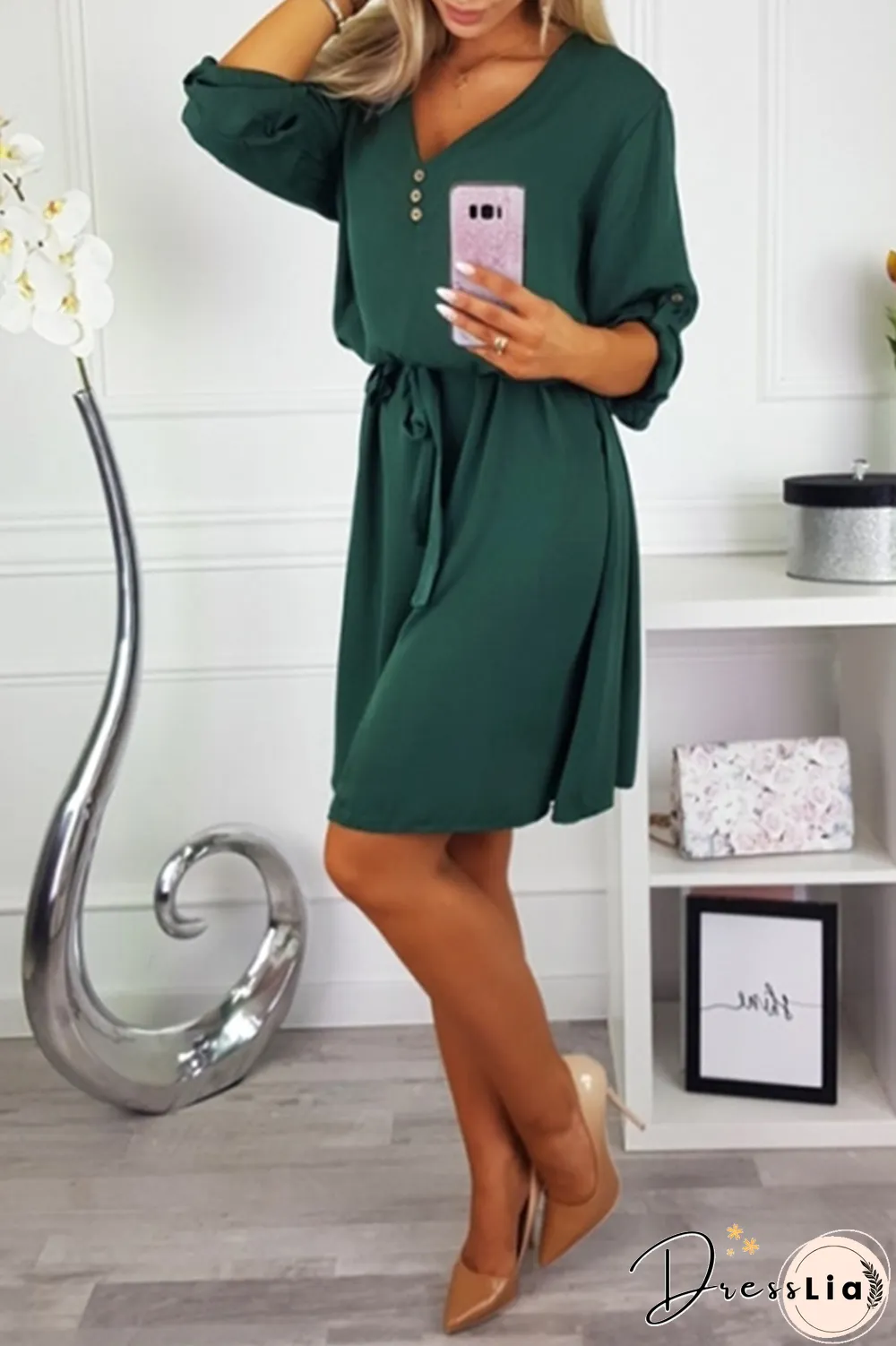 Fashion Casual Solid Buttons Strap Design V Neck Dresses