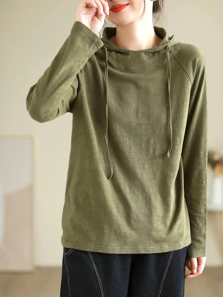 Casual Solid Color Long Sleeve Cotton Hooded T-Shirt