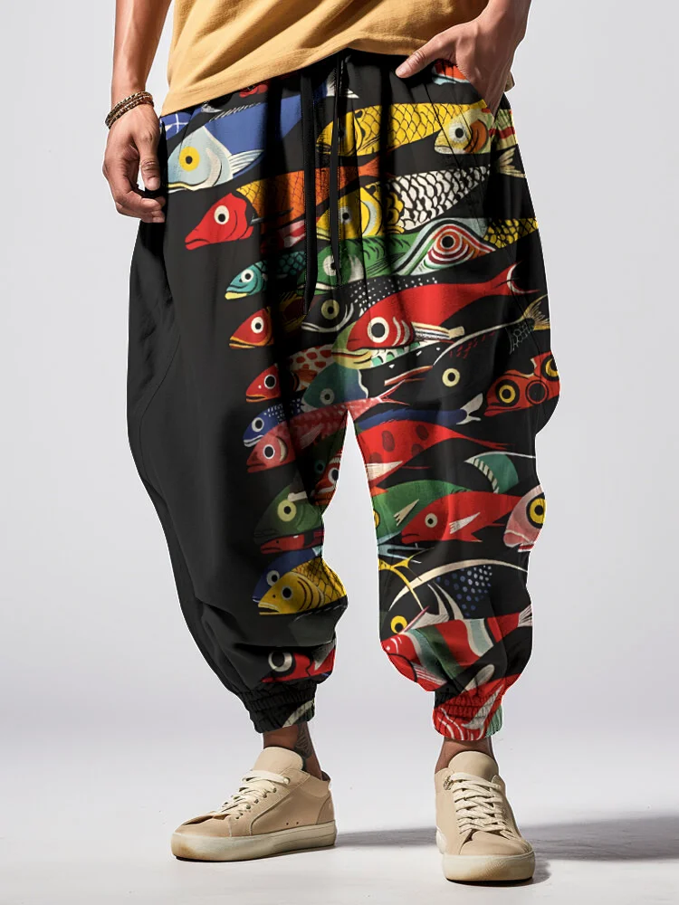 Men's Multicolor Fish Print Loose Drawstring Waist Sweatpants