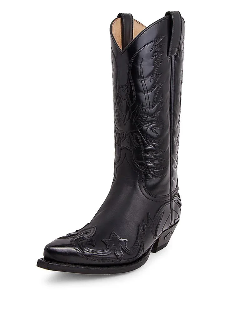 Black Eagle Embroidered Applique Wide Mid Calf Boots Pointy Block Heeled Western Cowgirl Boots 