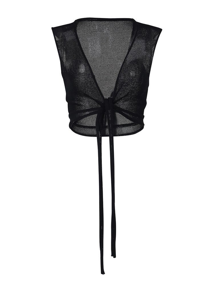 WannaThis Knit Cropped Tops Casual Sexy Sleeveless Bandage 2021 Deep V Neck Streetwear Nightclub Waist Female Black Fashion Tank