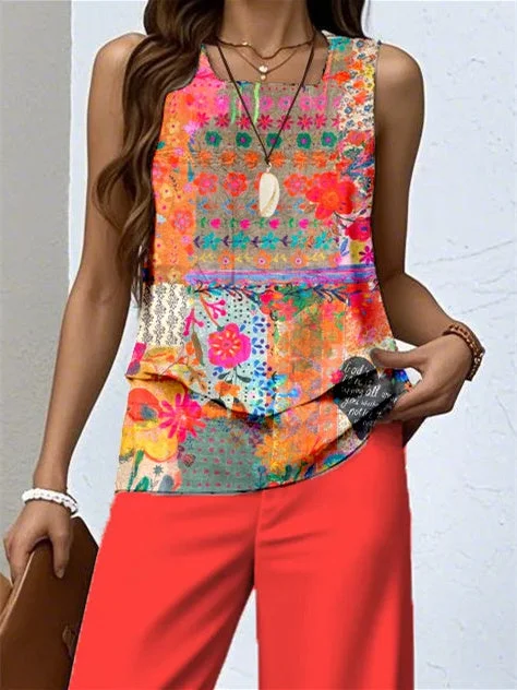 Women's Sleeveless Square Collar Graphic Printed Casual Set