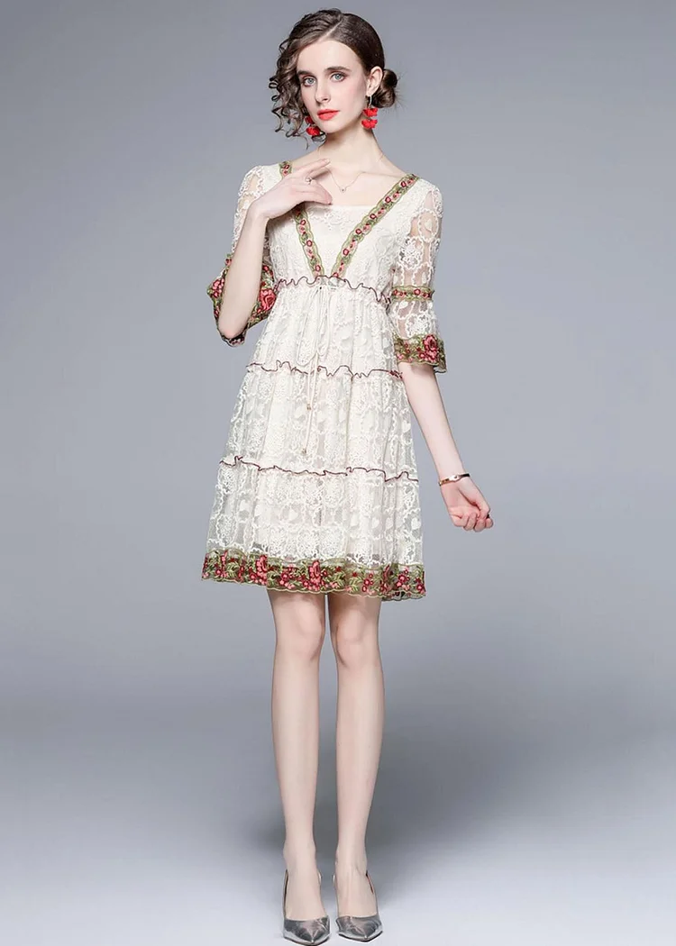 Style White Ruffled Embroideried Patchwork Lace Mid Dress Summer