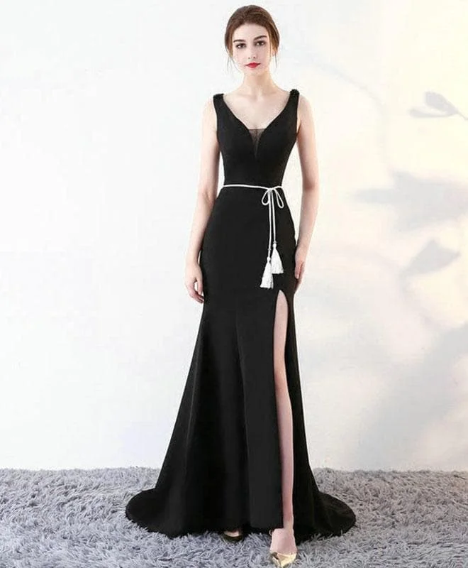 Black V Neck Long Prom Dress, Mermaid Evening Dress