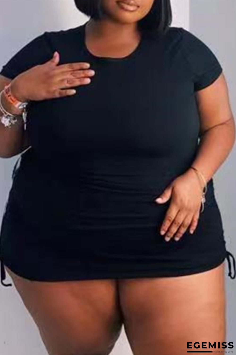 Black Fashion Casual Plus Size Solid Basic O Neck Short Sleeve Dress | EGEMISS
