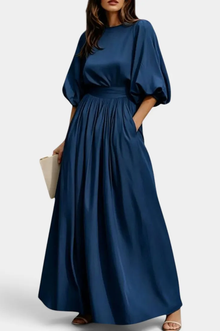 Belted Long Dress with Puffed Sleeves