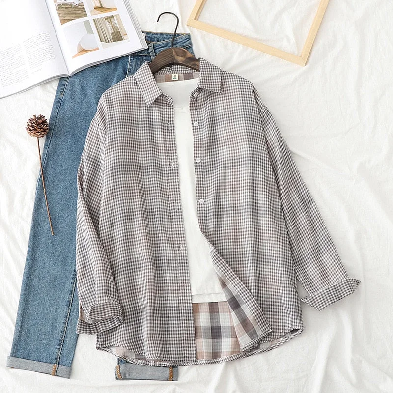 Plaid Shirts Womens Blouses And Tops Autumn News Double Layer Yarn Cotton Loose Female Check Clothes Outwear