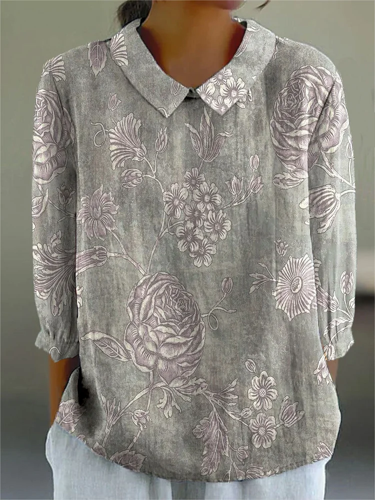 Women's Retro Pattern Art Print Casual Cotton And Linen 3/4 Sleeve Shirt