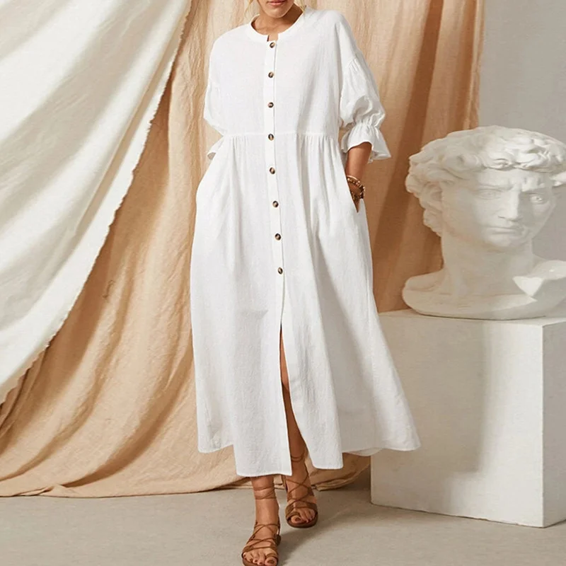 Loose Solid Linen Blend Button Stand Collar Maxi Dress