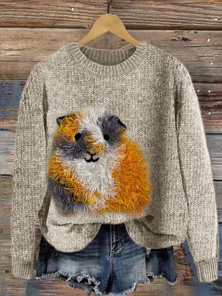 Fuzzy Guinea Pig Embroidery Cozy Knit Sweater