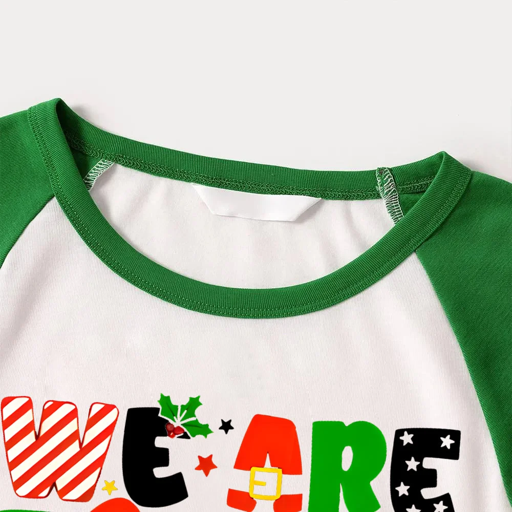 Christmas "We are Family" Colorful Multi-Element Letter Prints Green Rotator Cuff Top With Green & Black Plaid Family Matching Pajamas