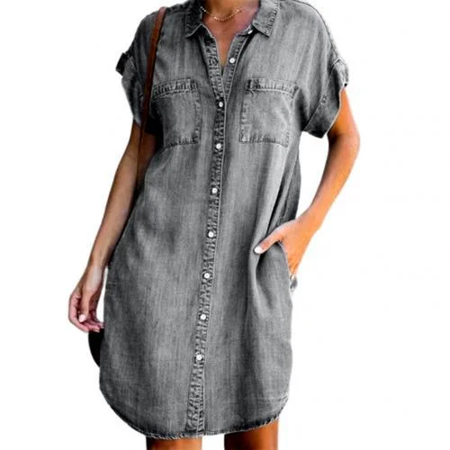 Women plus size clothing Women Plain Shirt Collar Short Sleeve Comfy Casual Mini Dress-Nordswear