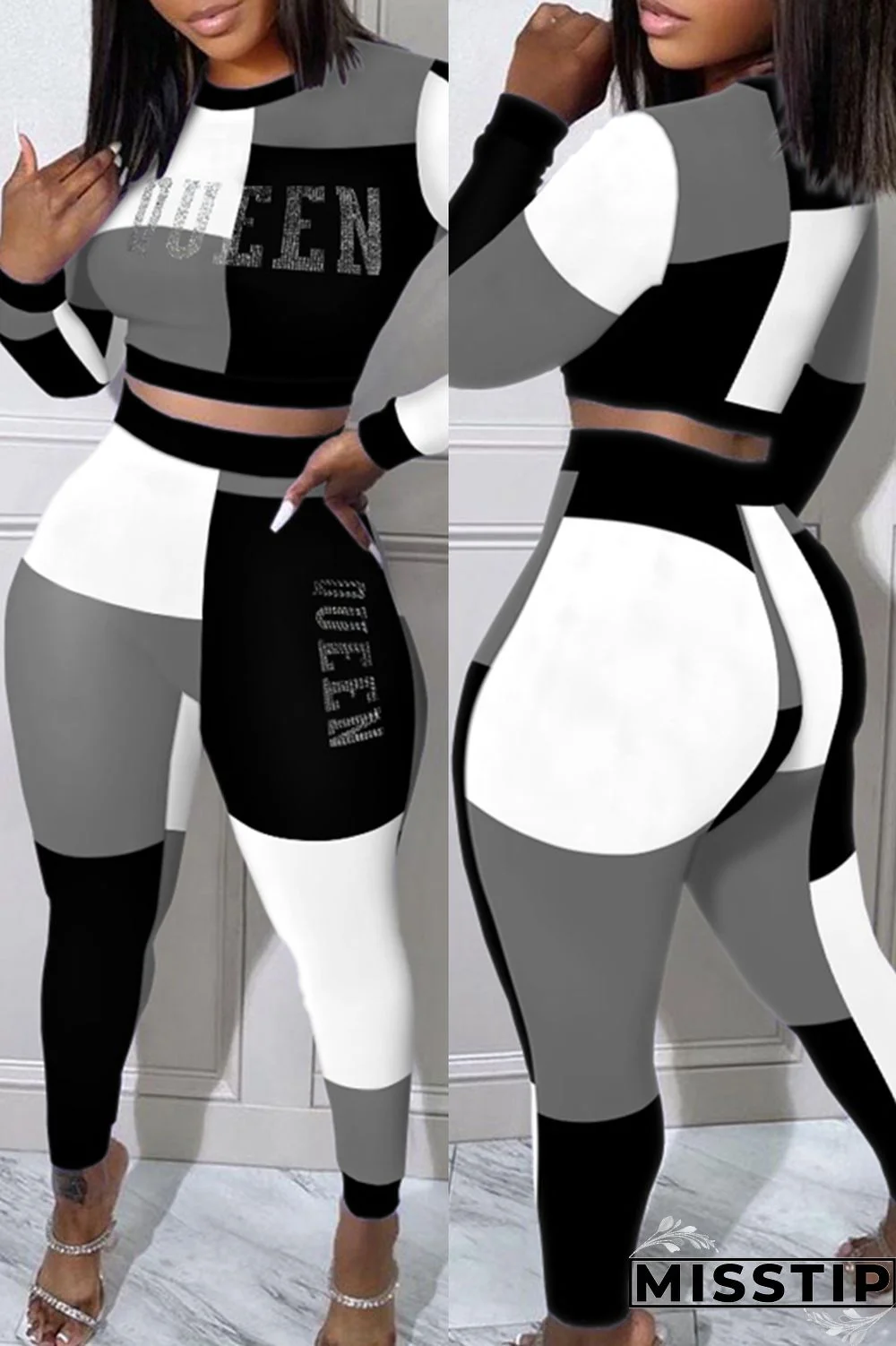 Black Casual Print Patchwork O Neck Long Sleeve Two Pieces