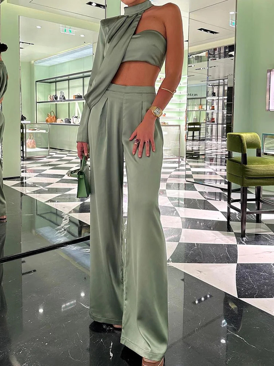 One-shoulder Halterneck Top and Pants Two-piece Suit