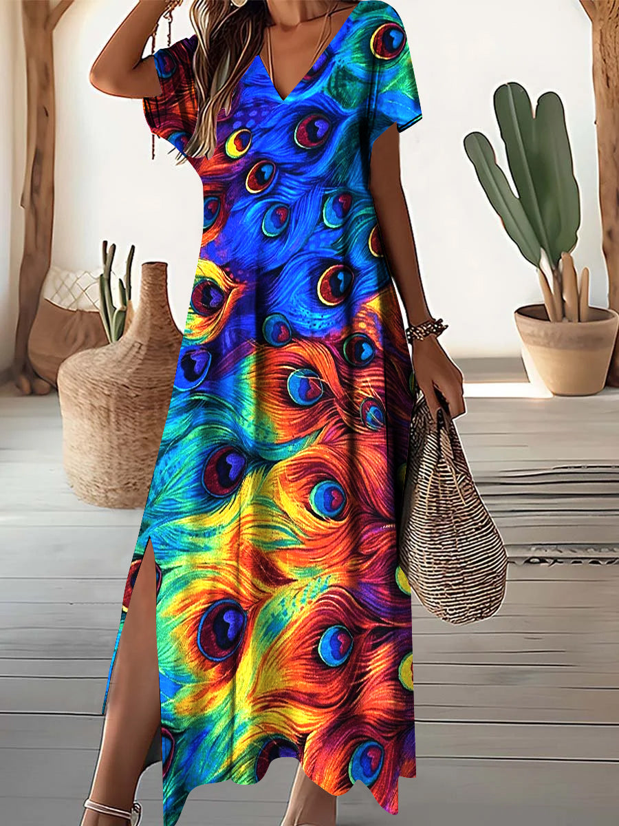Women's V-neck Colorful Peacock Feather Pattern Short Sleeve Dress