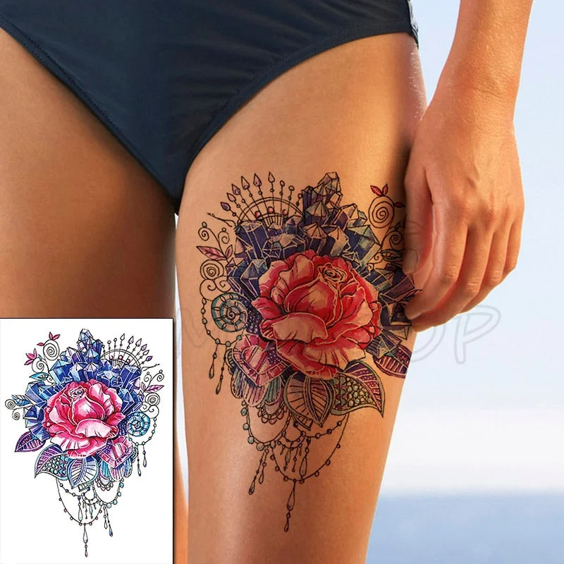 Temporary Tattoo Stickers Rose Sapphire Red Flower Fake Tatto Waterproof Tatoo Back Leg Arm Belly Big Size for Women Men Girl