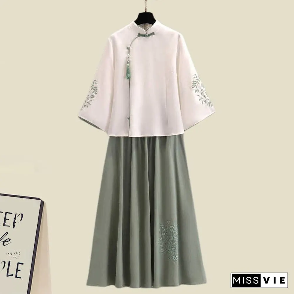 Blossom Print Fringed Sweatshirt Slim Vintage Top Skirt Set