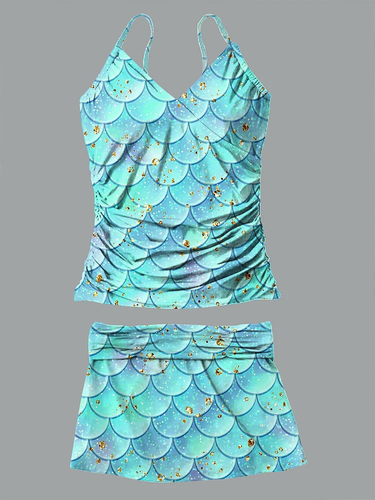 Hawaiian Vacation Fish Scale Ocean Blue Pattern Art Print Suspender Skirt Bikini V-Neck Set Swimsuit
