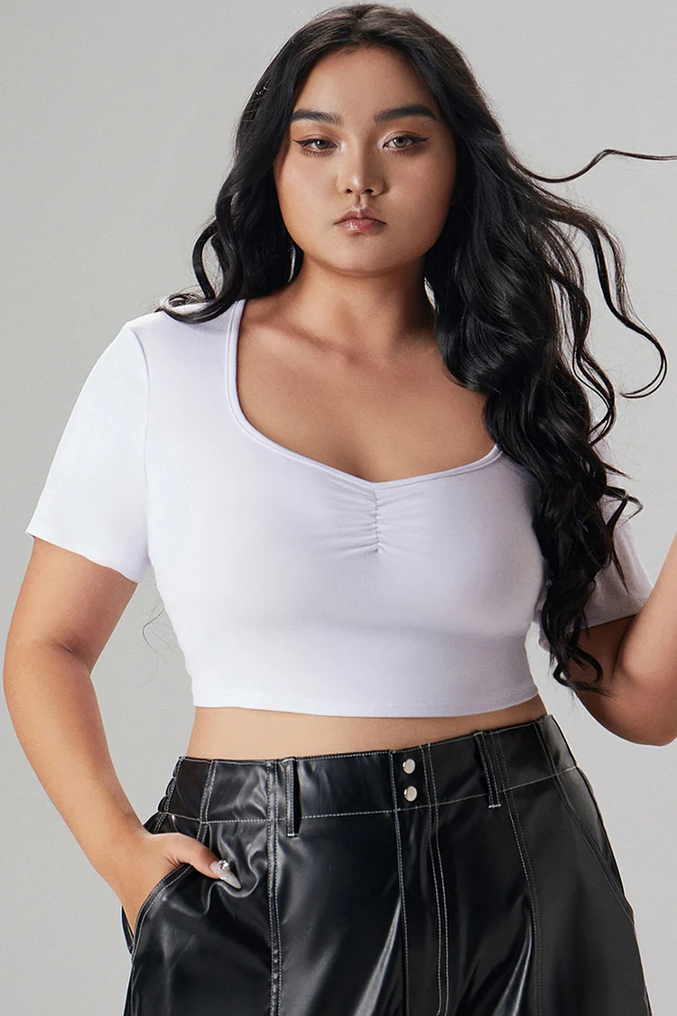 Xpluswear Design Plus Size Casual T-Shirt White V-Neck Short Sleeve Knitted T-Shirt [Pre-Order]