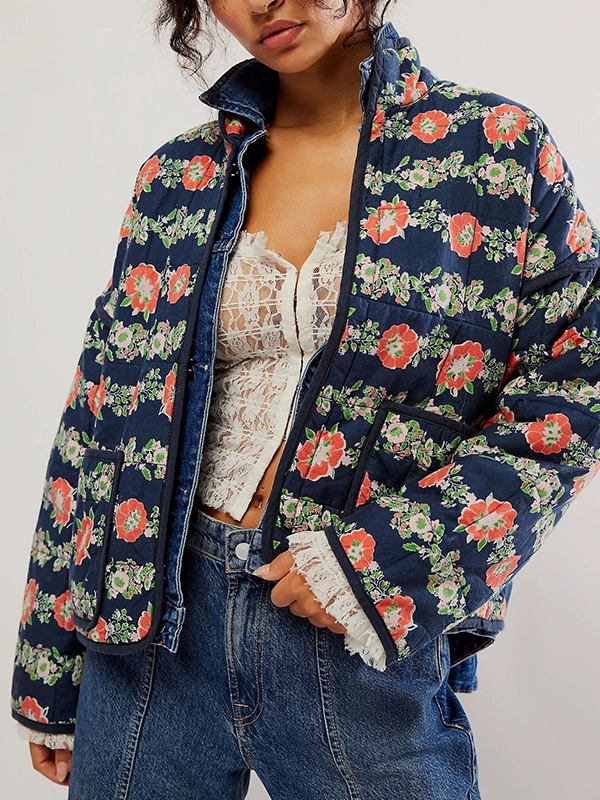Flower Printed Color Matching Cotton Coat