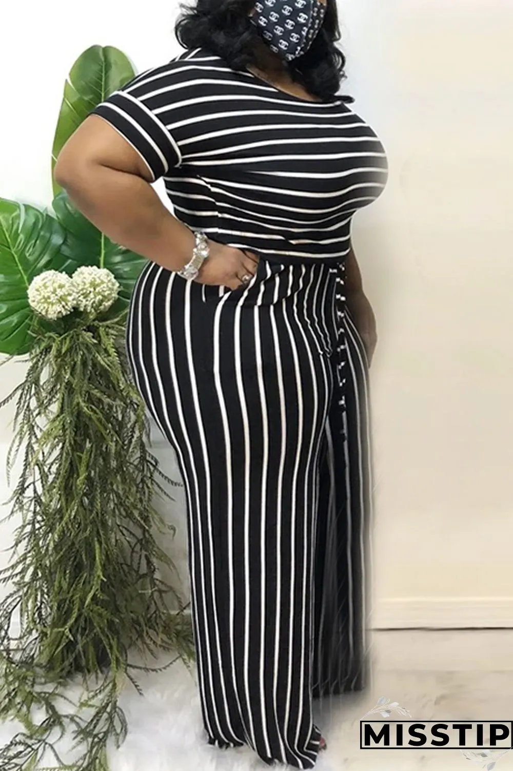 Light Blue Sexy O Neck Striped Print Stripe Plus Size