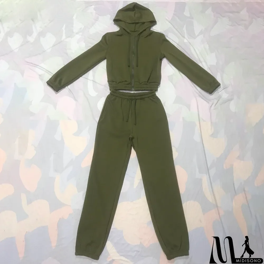 MidiSono - Plush Solid Tank Tops+Hooed Zipper Coat+Pants Sports Three Piece Set