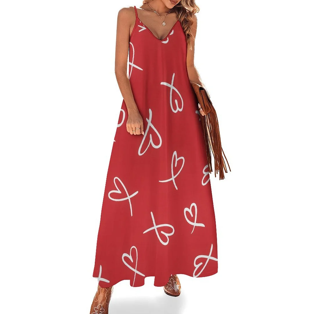 Style & Comfort for Mature Women Plus Size Printed Sling Casual Women Maxi Dress in Pattern Heart, Love, Valentine's Day