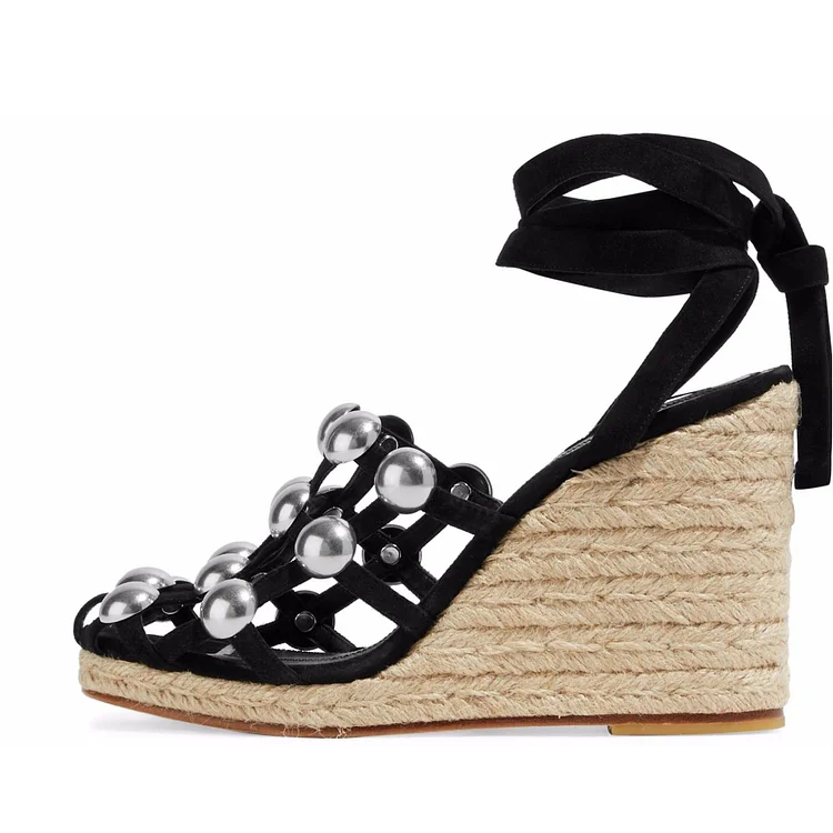 Black Studs Wedge Sandals Slingback Platform Sandals |FSJ Shoes