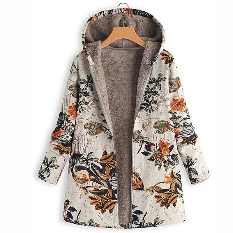 2021 Autumn Winter Women Warm Coats Vintage Plus Size Casual Printed Hooded Outwear Fashion Long Sleeve Zipper Jackets