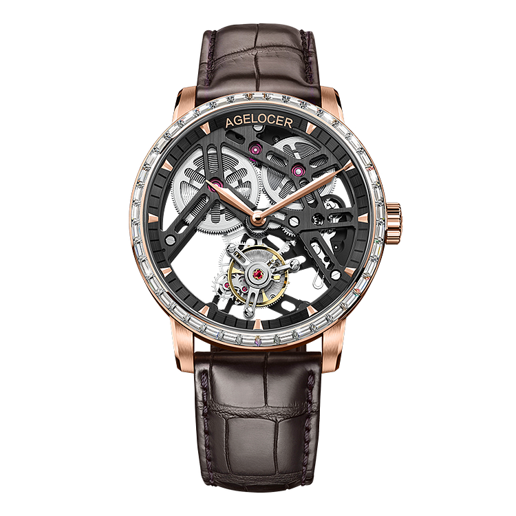 Agelocer Tourbillon Men's Hollow Mechanical Watch -  Golden Genuine Leather Strap Diamond Watch