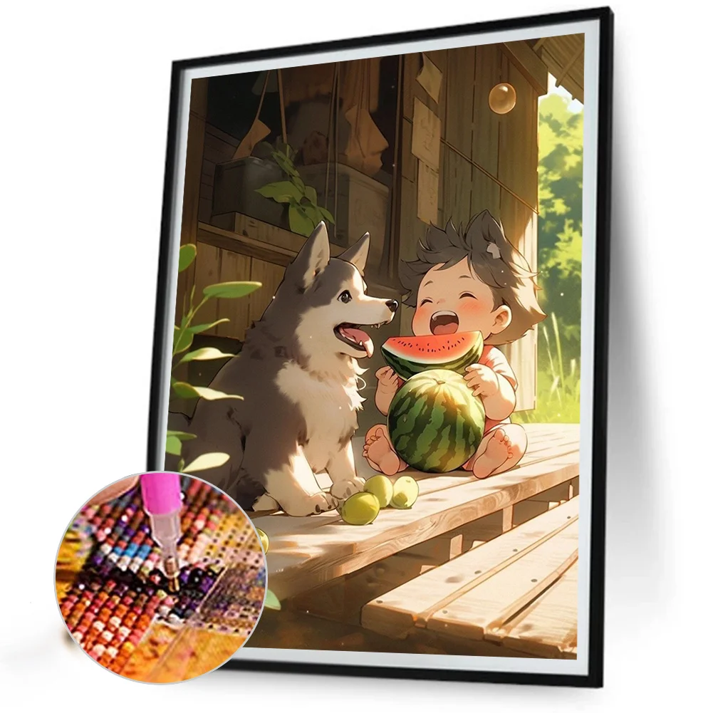 Diamond Painting - Full Round Drill - Child Eating Watermelon(Canvas|40*50cm)