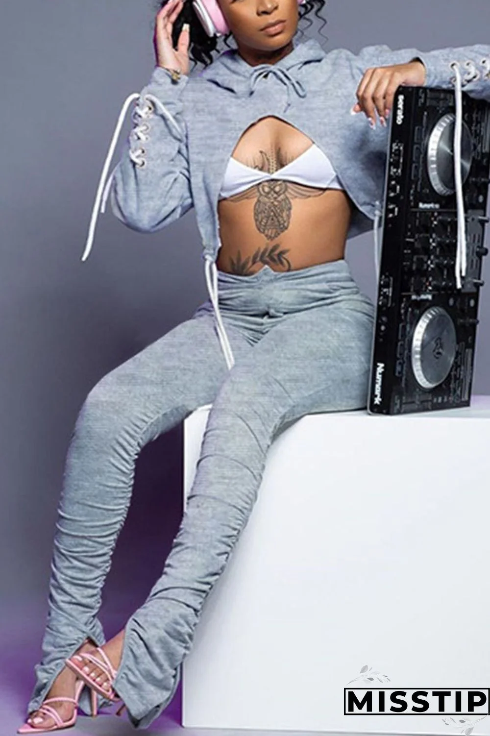 Grey Casual Daily Solid Bandage Hollowed Out Fold Hooded Collar Long Sleeve Two Pieces