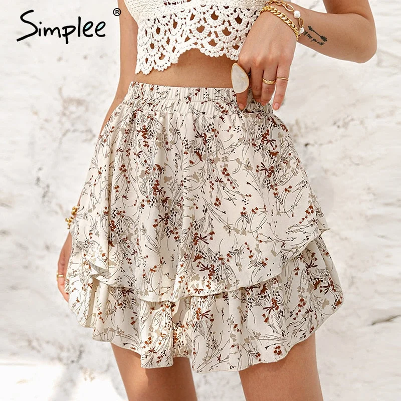 Simplee Pink Cotton High Waist Mini Skirt Casual Ruffled A-line Women Short Skirt Solid Summer Cotton Rmbroidered Female Skirt