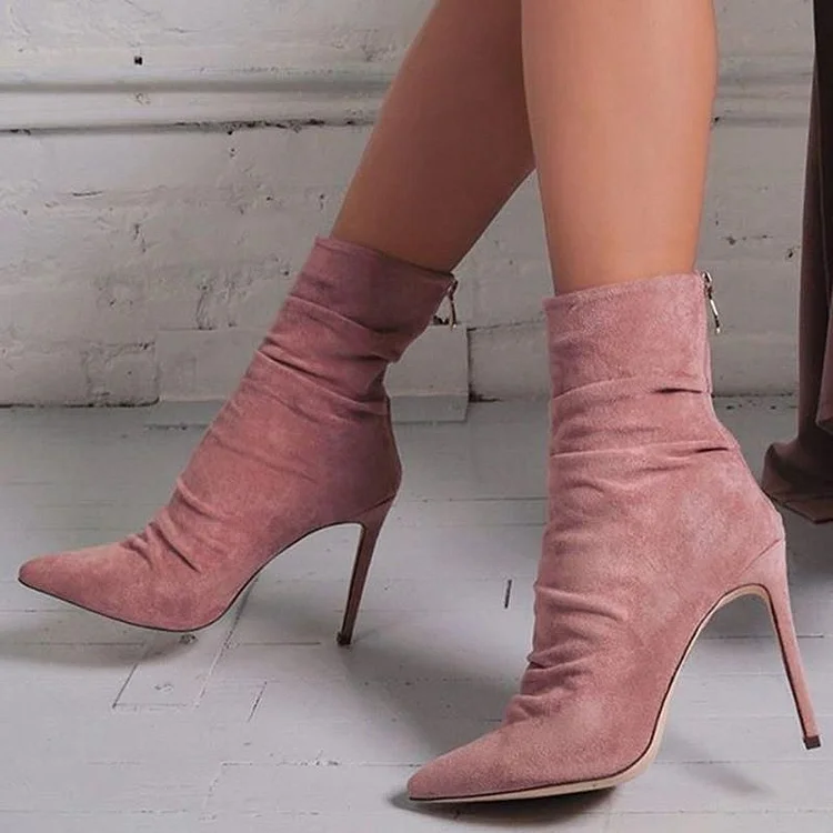 Pink Vegan Suede Stiletto Boots Pointed Toe Ankle Boots |FSJ Shoes
