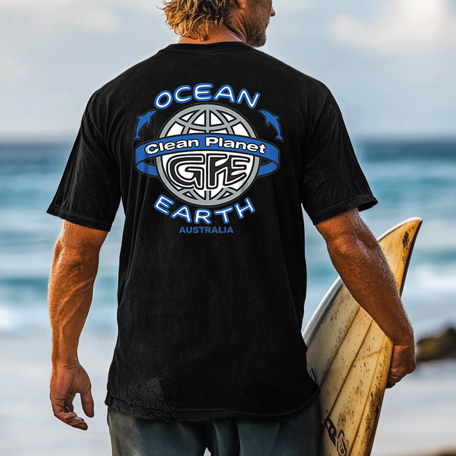 Men's Ocean Australia Surf Print Black Crew Neck Short Sleeve T-Shirt