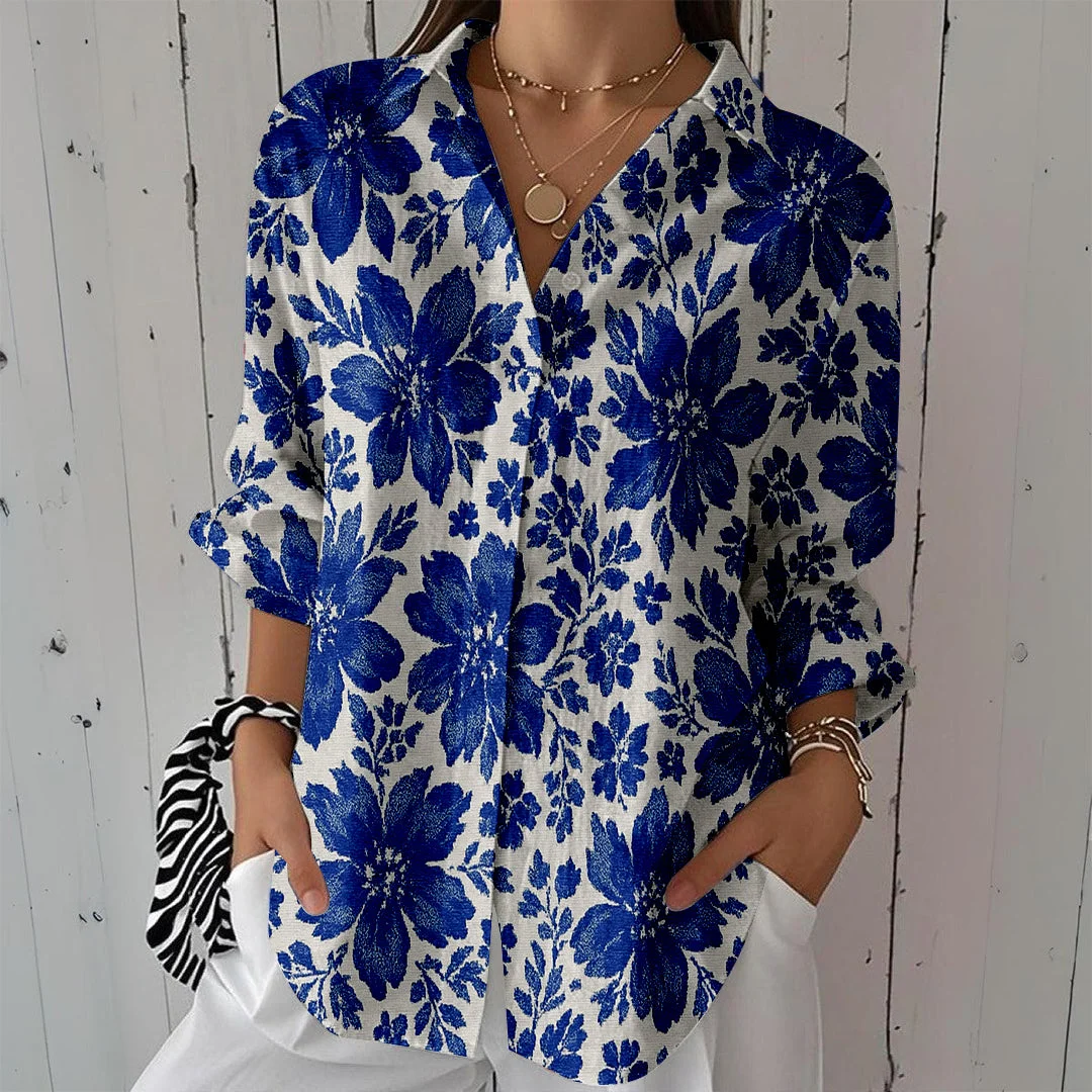 Style & Comfort for Mature Women Women Floral, Blue DZCL0117 3/4 Sleeve Shirt Collar Printed Button Tops