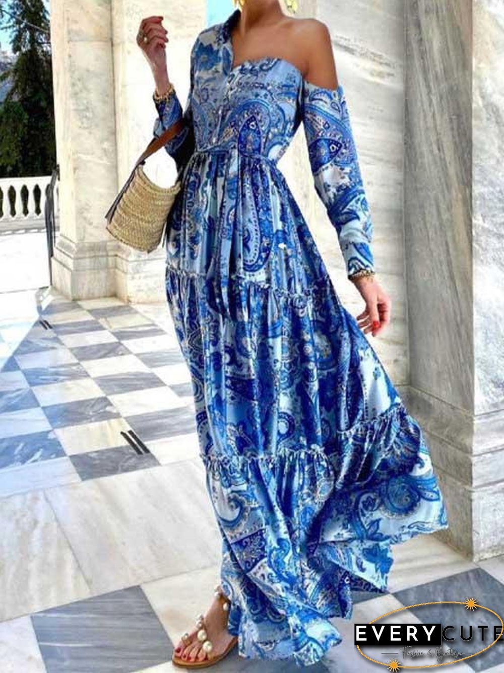 Lapel One Shoulder Printed Blue Dress