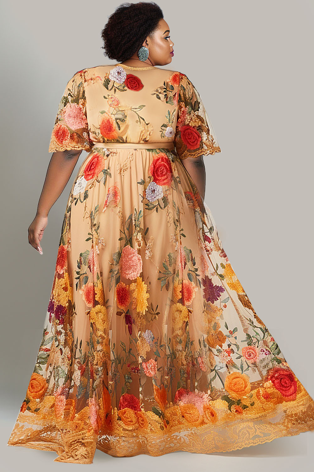 Design Plus Size Beach Elegant Orange Floral  V Neck Short Sleeve Lace Maxi Dresses [Pre-Order]