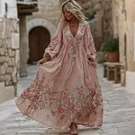 Women's Bohemian Pink Floral Embroidered Art V-neck Long Sleeve Midi Dress - Image 2