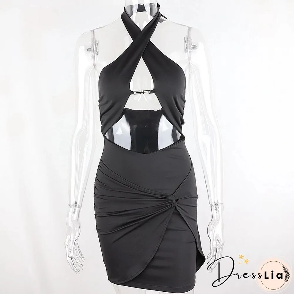 Sexy Backless Halter Cut-Out Women Mini Dress Bodycon Club Fashion Sleeveless Black