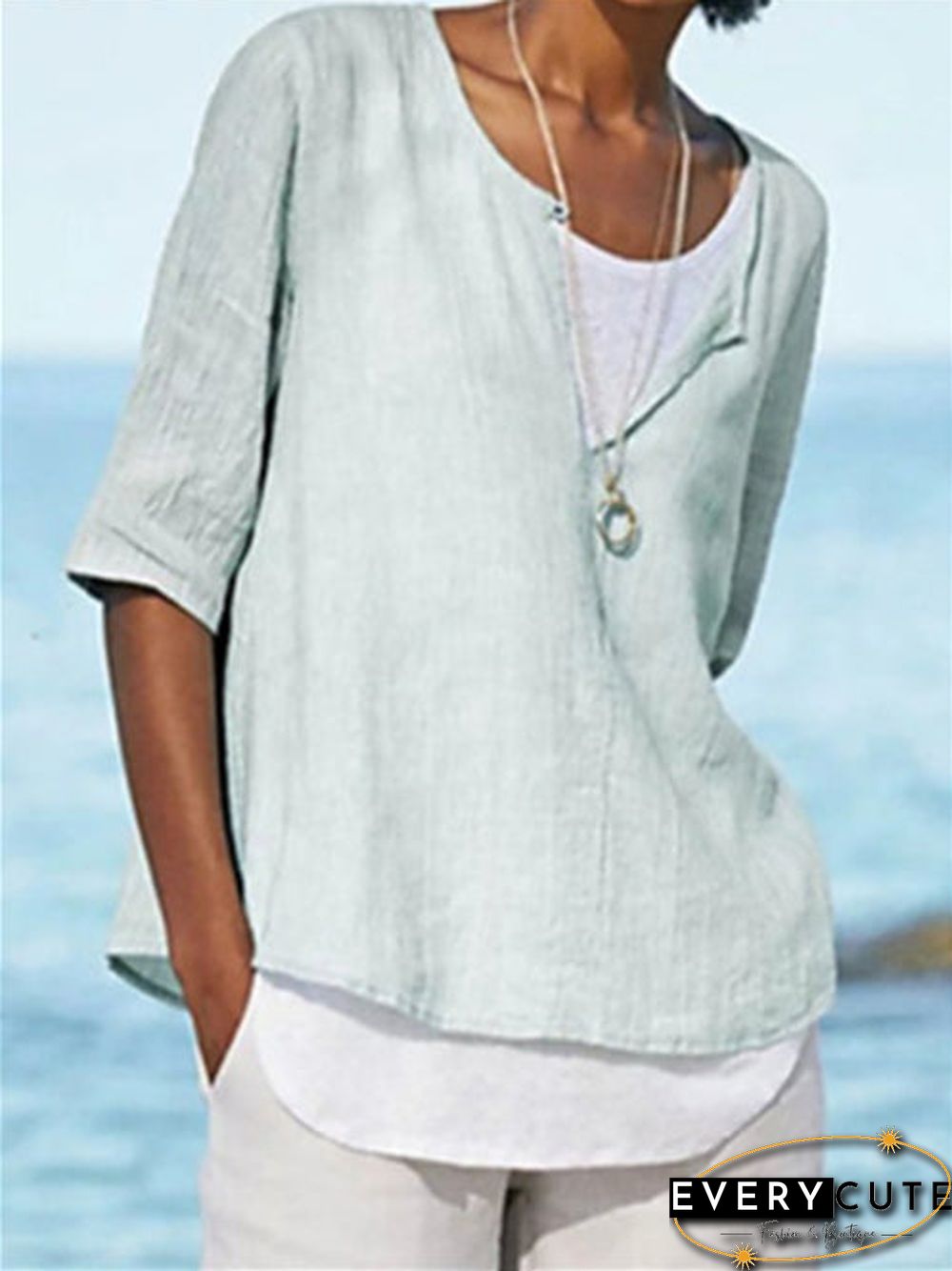 Women's T shirt Solid Colored Round Neck Tops Basic Basic Top Blue Light gray Light Blue