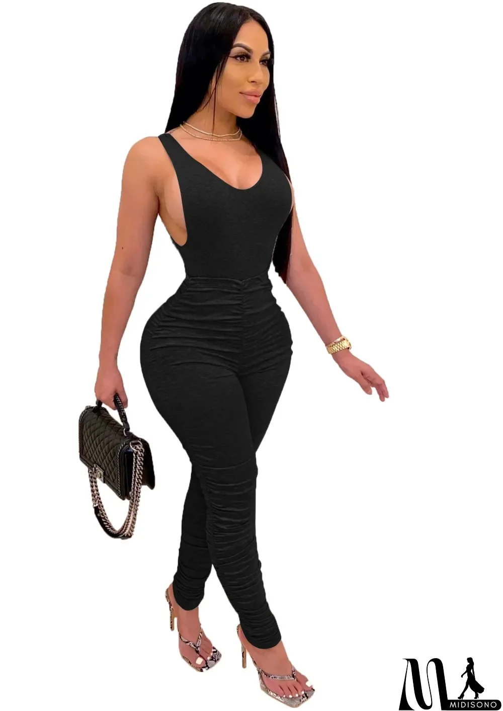 MidiSono - Sexy Plain Scrunch Strack Jumpsuit