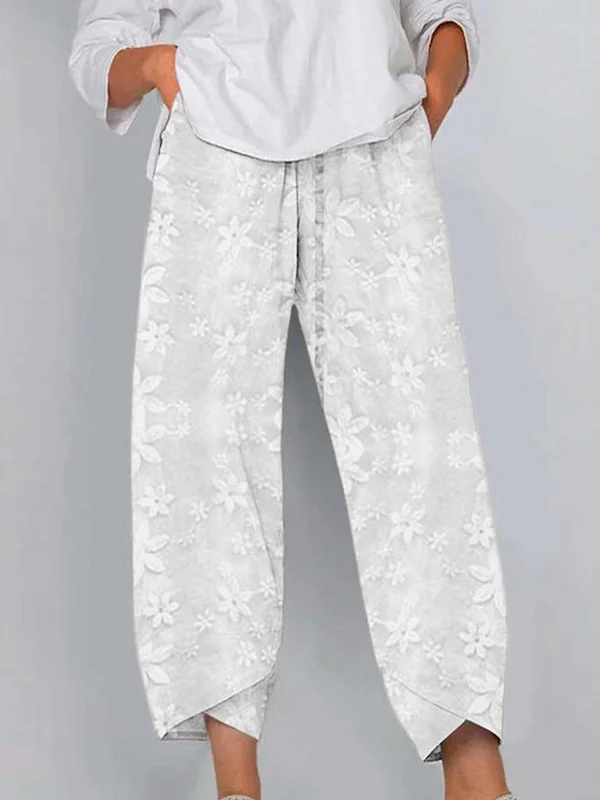 Elasticity Embroidered Pockets Solid Color Loose Ninth Pants Trousers Pants