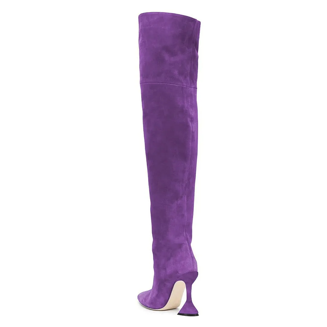 YDN Simple Purple Flared Heel Over The Knee Pointed Toe Boots